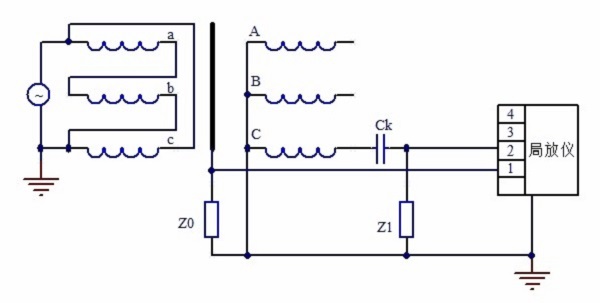 三相油浸式變壓器局部放電單相試驗(yàn)測量回路